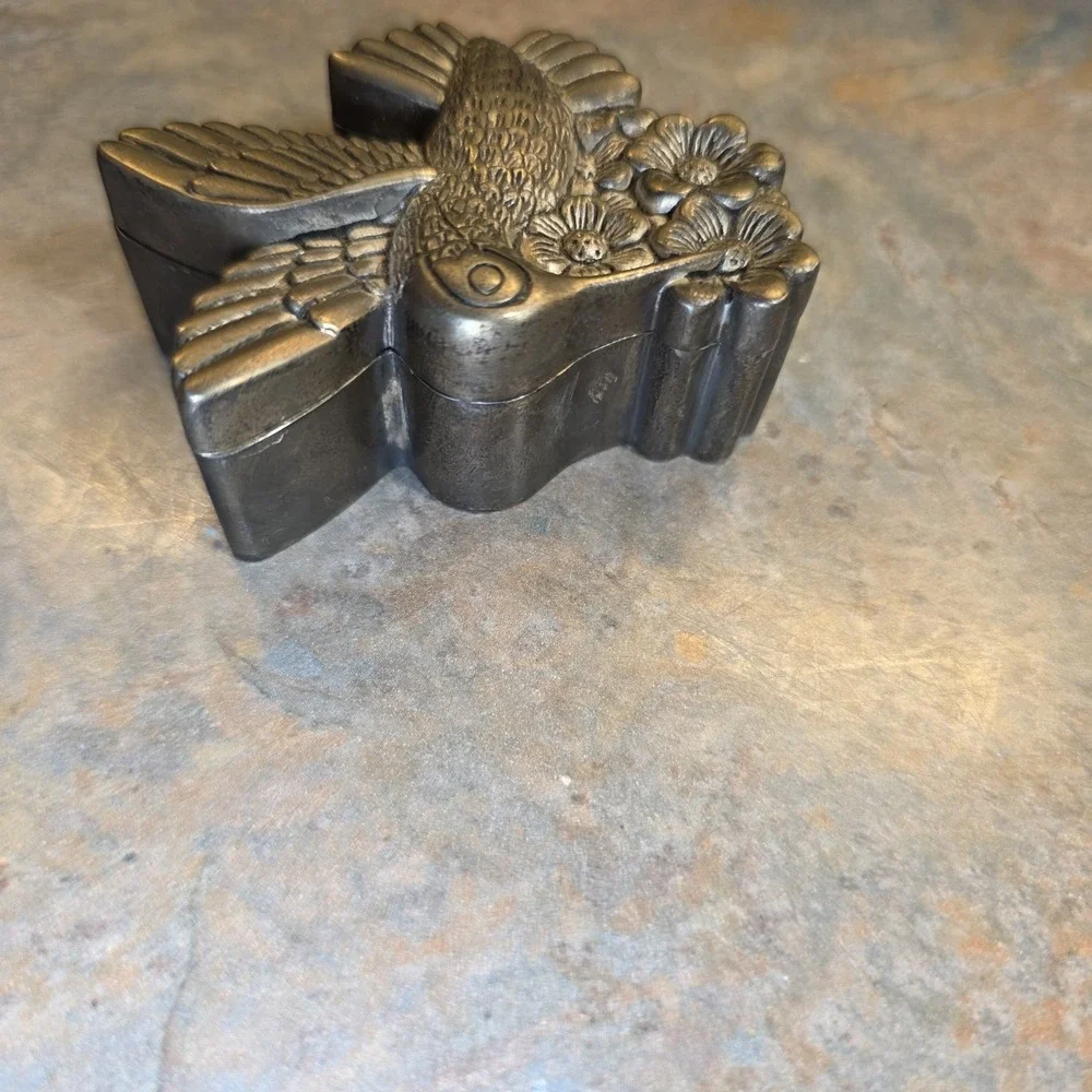 Vintage Silver Plated Hummingbird Trinket Box Lined Bird Garden